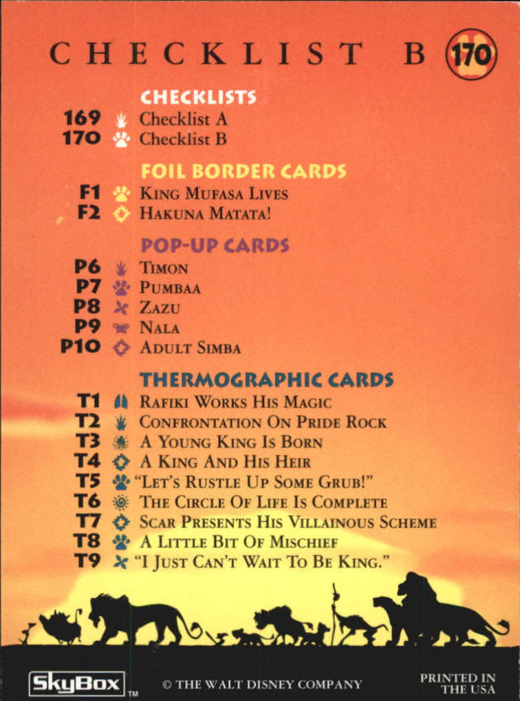 The Lion King (1994 Skybox) "Main Set" Cards #1 to #170 - Picture 339 of 339