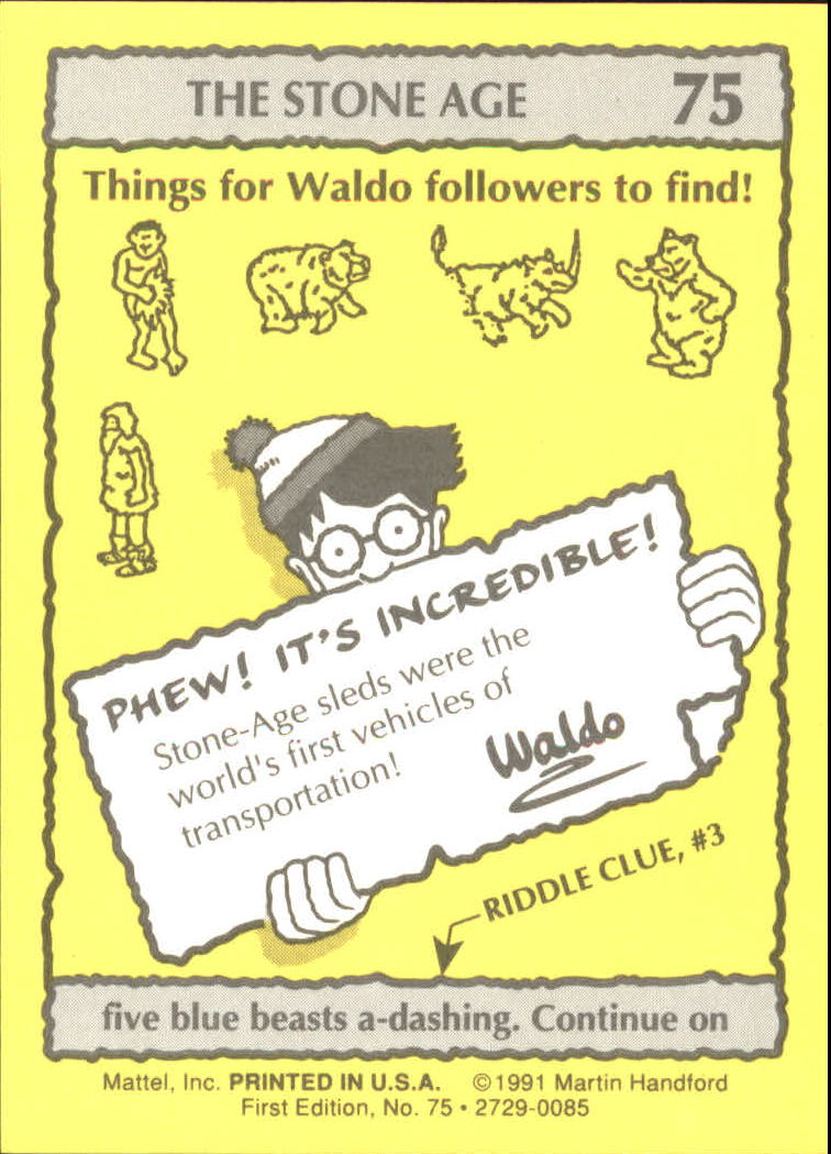 1991 Mattel Where's Waldo? #75 five blue beasts a-dashing. Continue back image