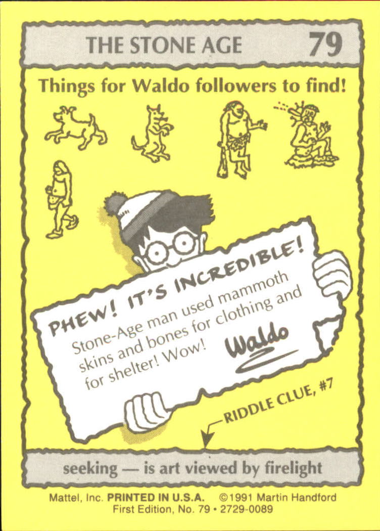 1991 Mattel Where's Waldo? #79 seeking-is art viewed by firelight back image