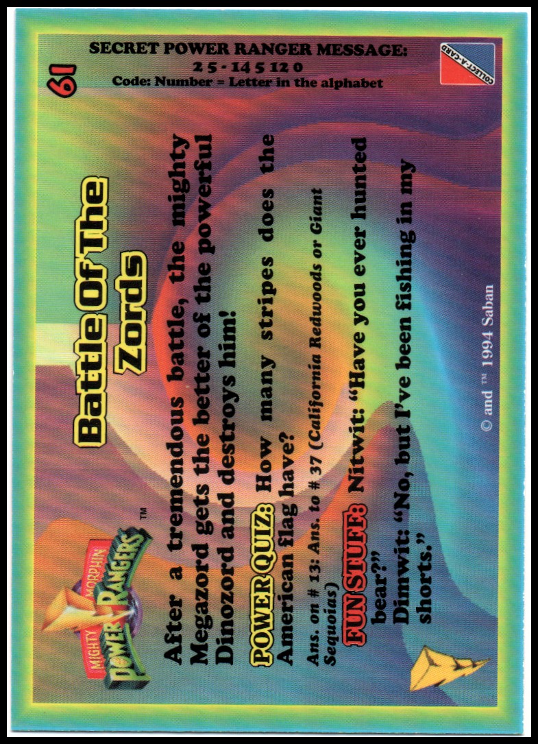 Power Rangers Series One (1994 Collect-A-Card) "Main Set" Cards #1 to #72 - Picture 123 of 145
