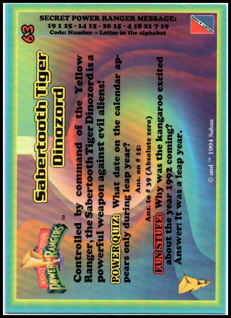 Power Rangers Series One (1994 Collect-A-Card) "Main Set" Cards #1 to #72 - Picture 127 of 145