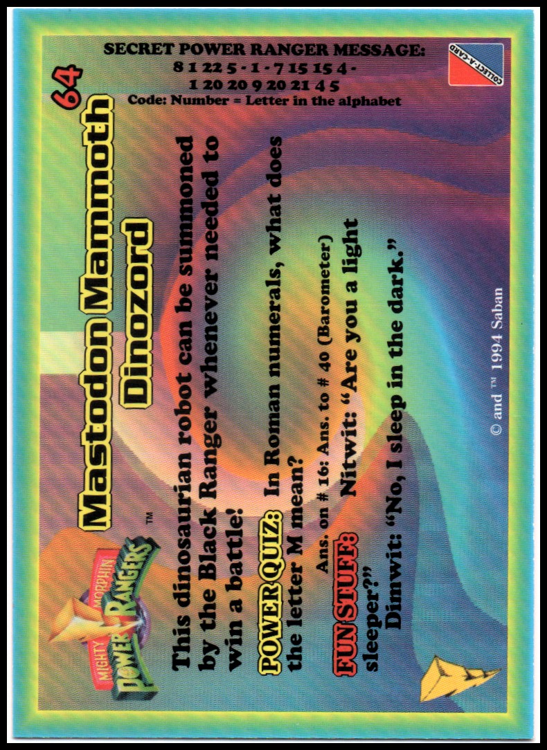 Power Rangers Series One (1994 Collect-A-Card) "Main Set" Cards #1 to #72 - Picture 129 of 145