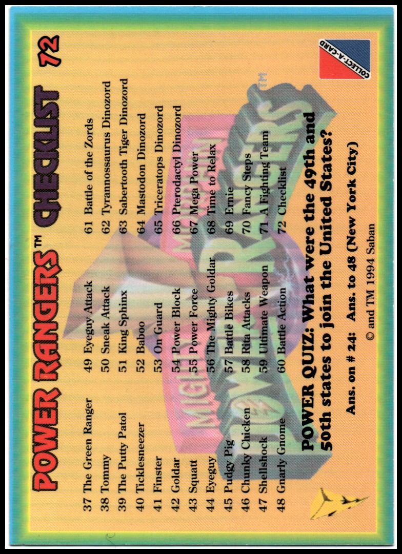 Power Rangers Series One (1994 Collect-A-Card) "Main Set" Cards #1 to #72 - Picture 145 of 145