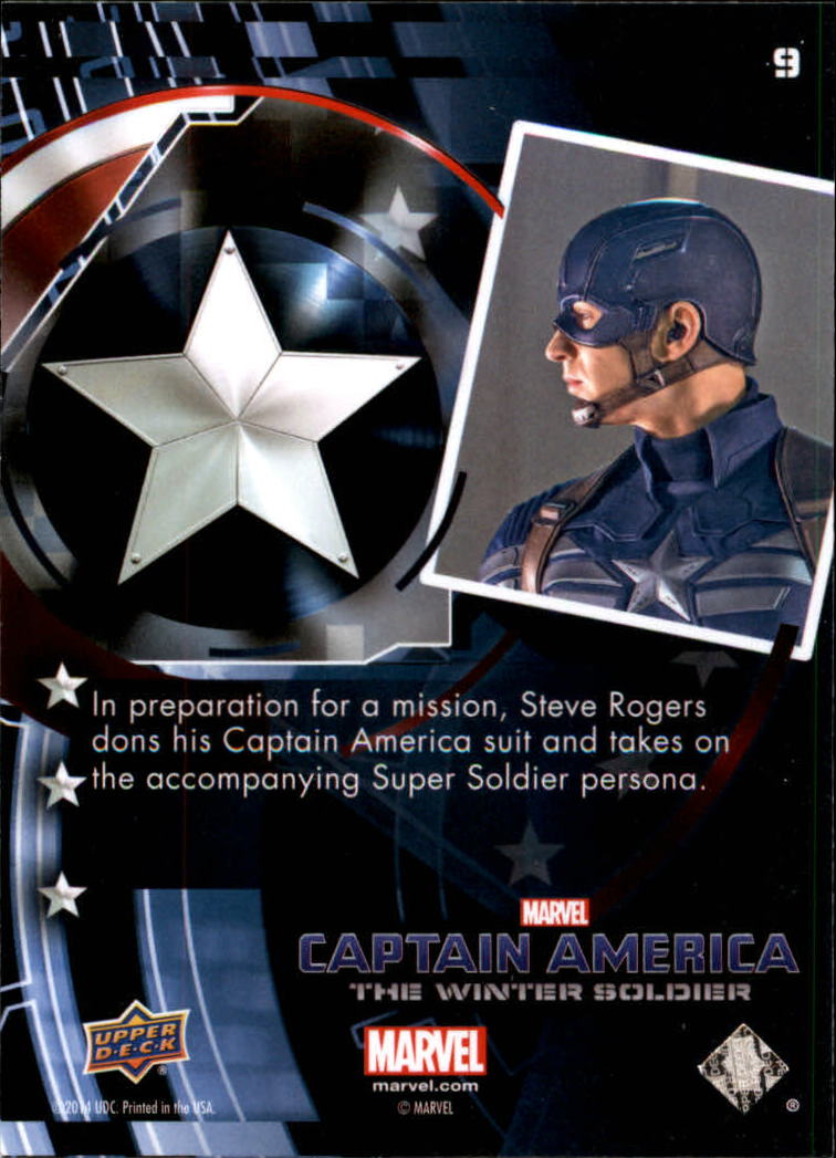 2014 Upper Deck Captain America The Winter Soldier #9 In preparation for a mission, Steve Rogers dons hi back image