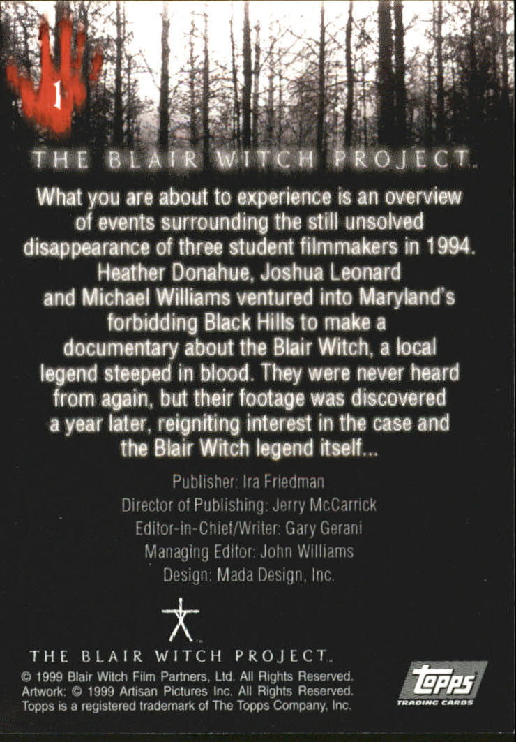 1999 Topps Blair Witch Project #1 The Blair Witch Project Title Card ...