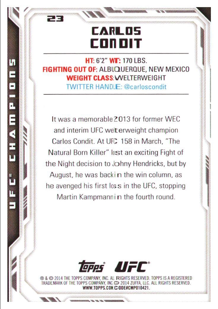 2014 Topps UFC Champions #23 Carlos Condit back image