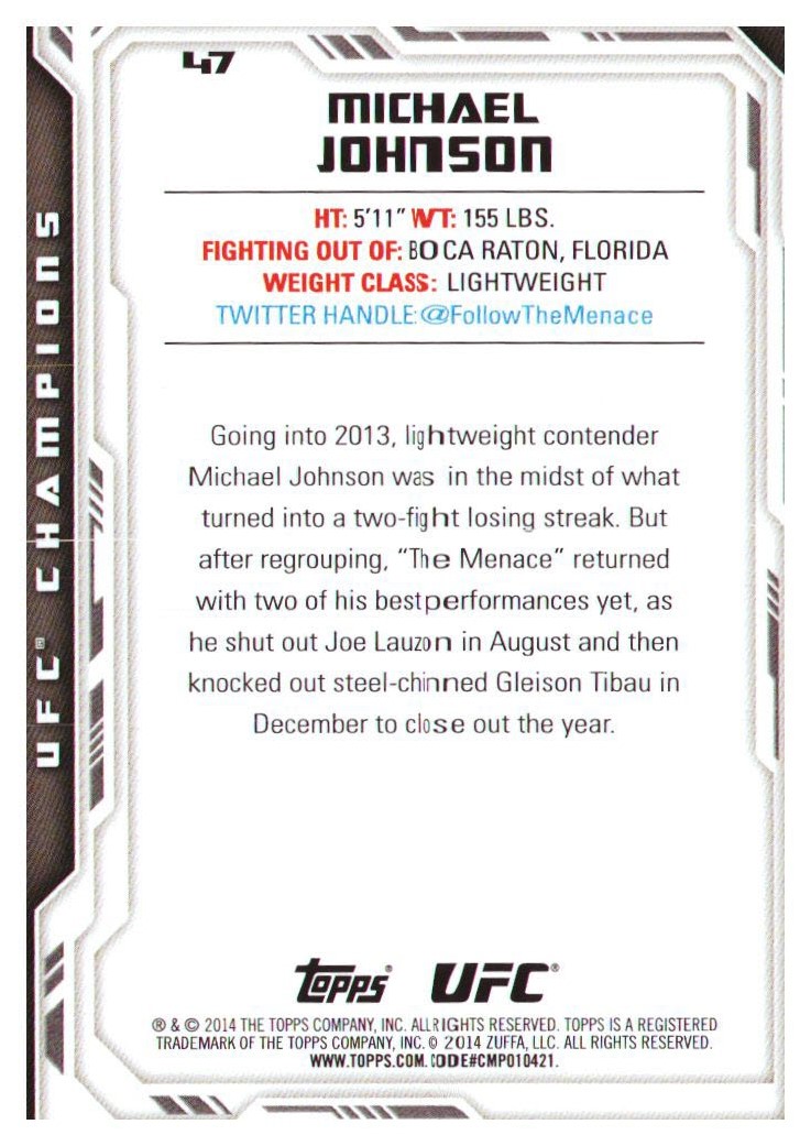 2014 Topps UFC Champions #47 Michael Johnson back image