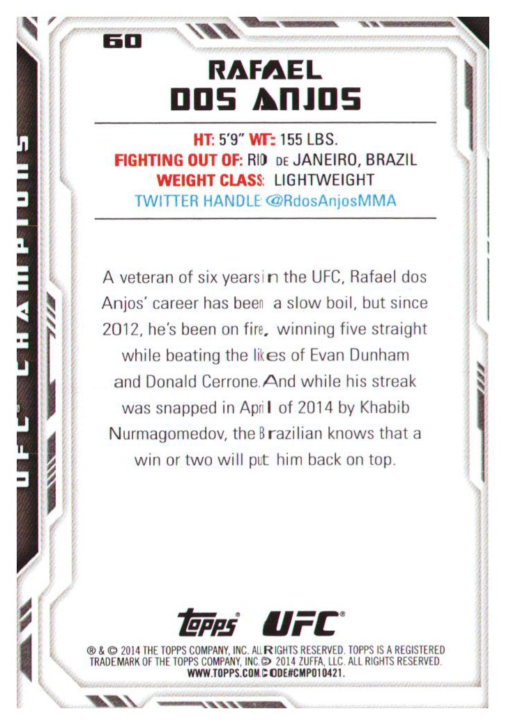 2014 Topps UFC Champions #60 Rafael dos Anjos back image