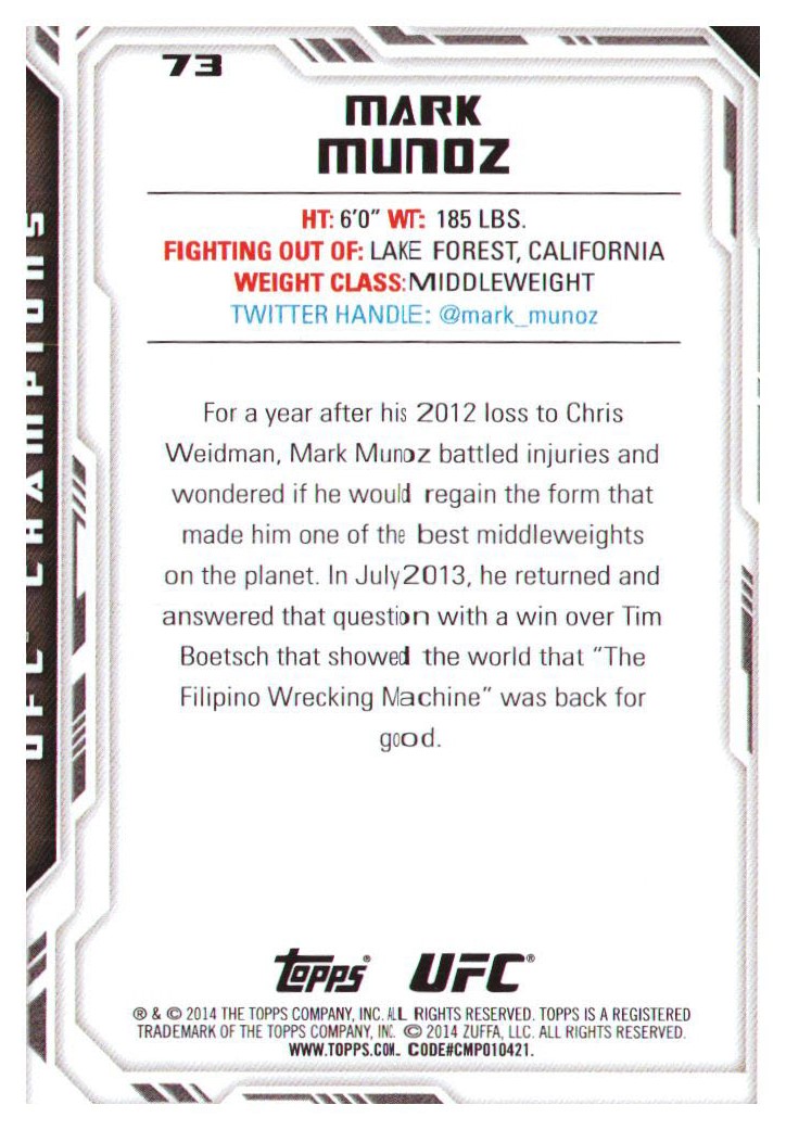 2014 Topps UFC Champions #73 Mark Munoz back image