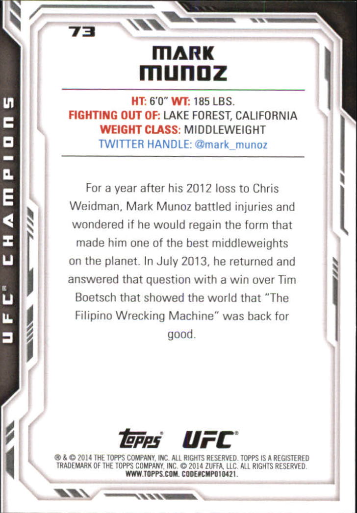 2014 Topps UFC Champions Silver #73 Mark Munoz back image
