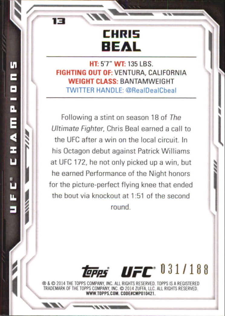 2014 Topps UFC Champions Black #13 Chris Beal back image