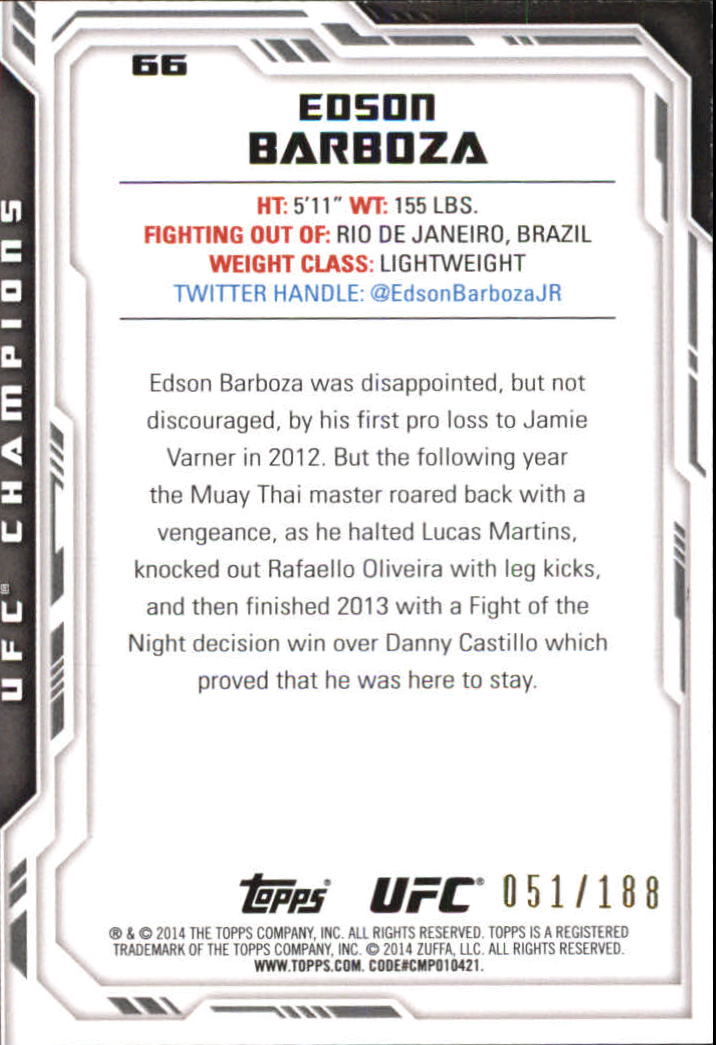 2014 Topps UFC Champions Black #66 Edson Barboza back image