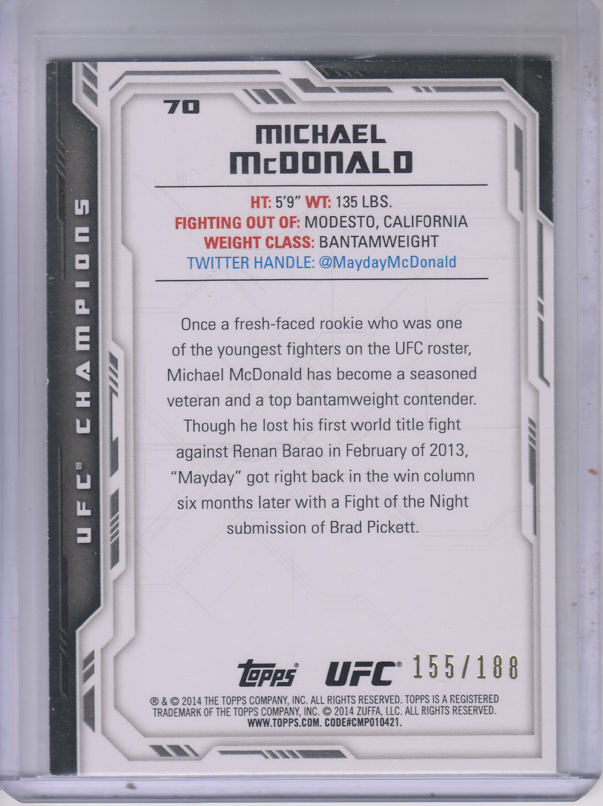 2014 Topps UFC Champions Black #70 Michael McDonald back image