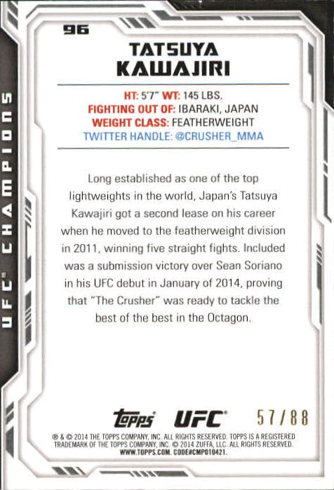 2014 Topps UFC Champions Blue #96 Tatsuya Kawajiri back image