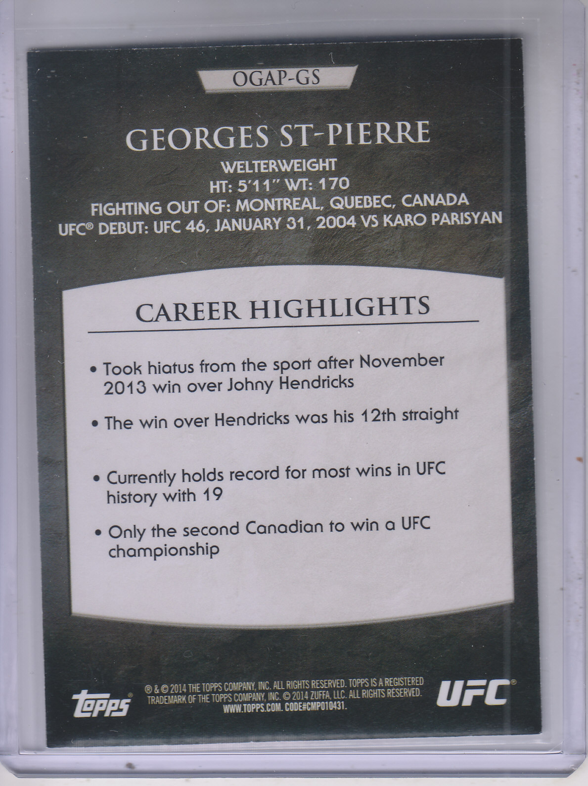 2014 Topps UFC Champions Octagon Greats #OGGSP Georges St-Pierre back image