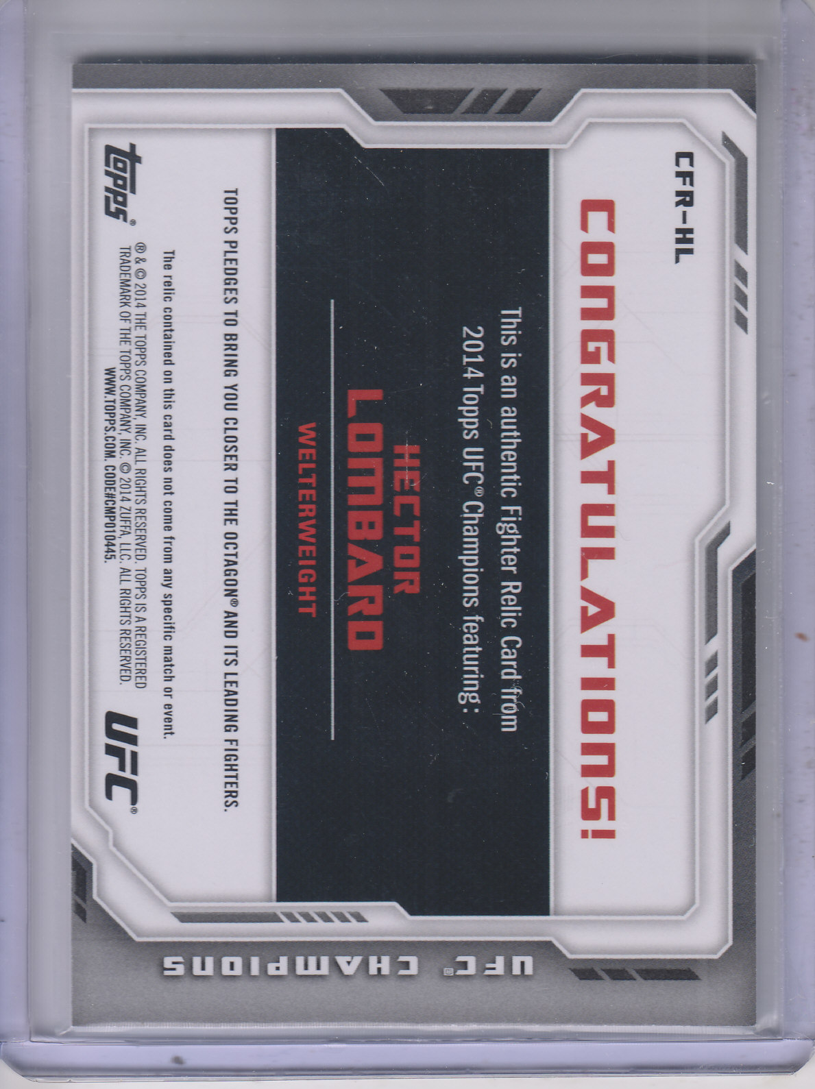 2014 Topps UFC Champions Fighter Relics #CFRHL Hector Lombard back image