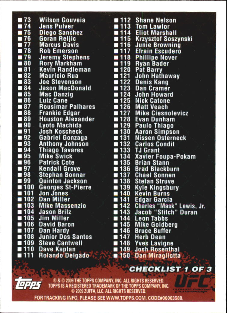 2009 Topps UFC #CL1 Checklist 1 back image