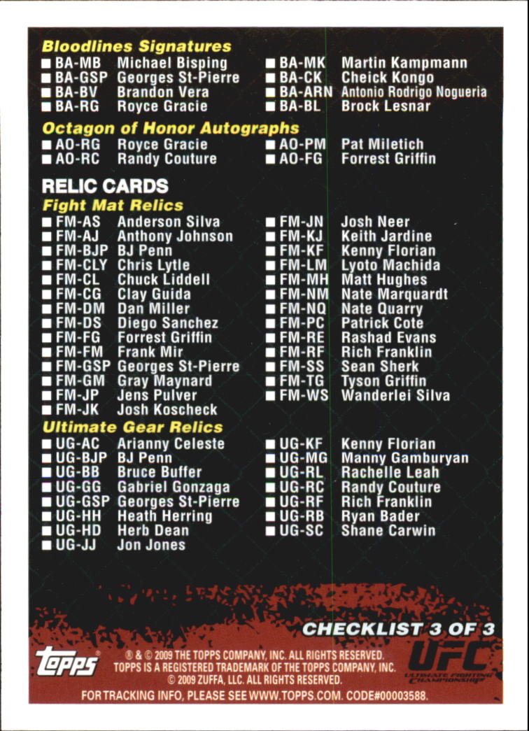 2009 Topps UFC #CL3 Checklist 3 back image