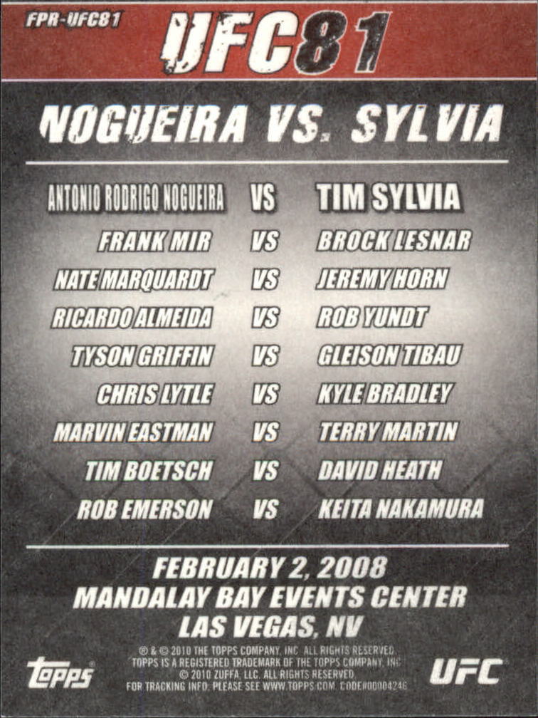 2010 Topps UFC Main Event Fight Posters #UFC81 UFC 81/Tim Sylvia/Antonio Rodrigo Nogueira/Frank Mir/Brock Lesnar back image