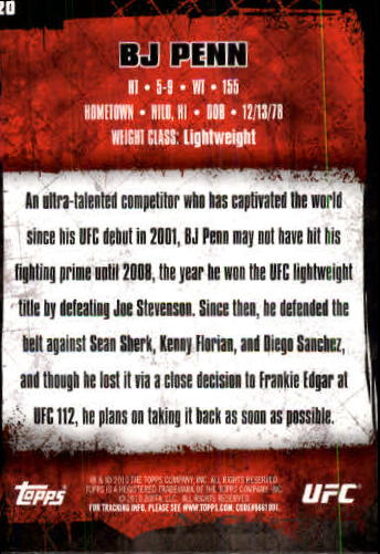 2010 Topps UFC #20A BJ Penn back image