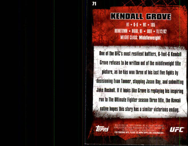 2010 Topps UFC #71 Kendall Grove back image