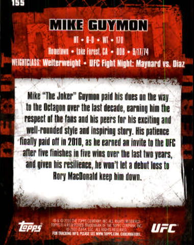 2010 Topps UFC #155 Mike Guymon RC back image