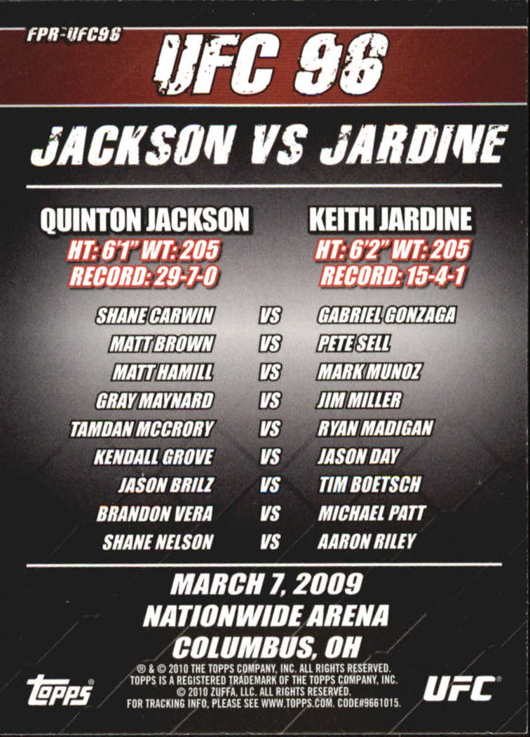 2010 Topps UFC Fight Posters #UFC96 UFC 96/Quinton Jackson/Keith Jardine/Shane Carwin/Gray Maynard/Gabriel Gonzaga/Matt Hamill back image