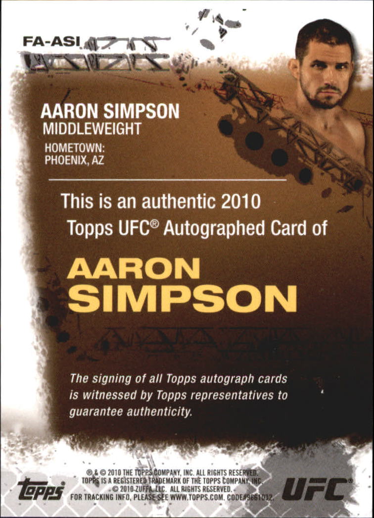 2010 Topps UFC Autographs #FAASI Aaron Simpson back image