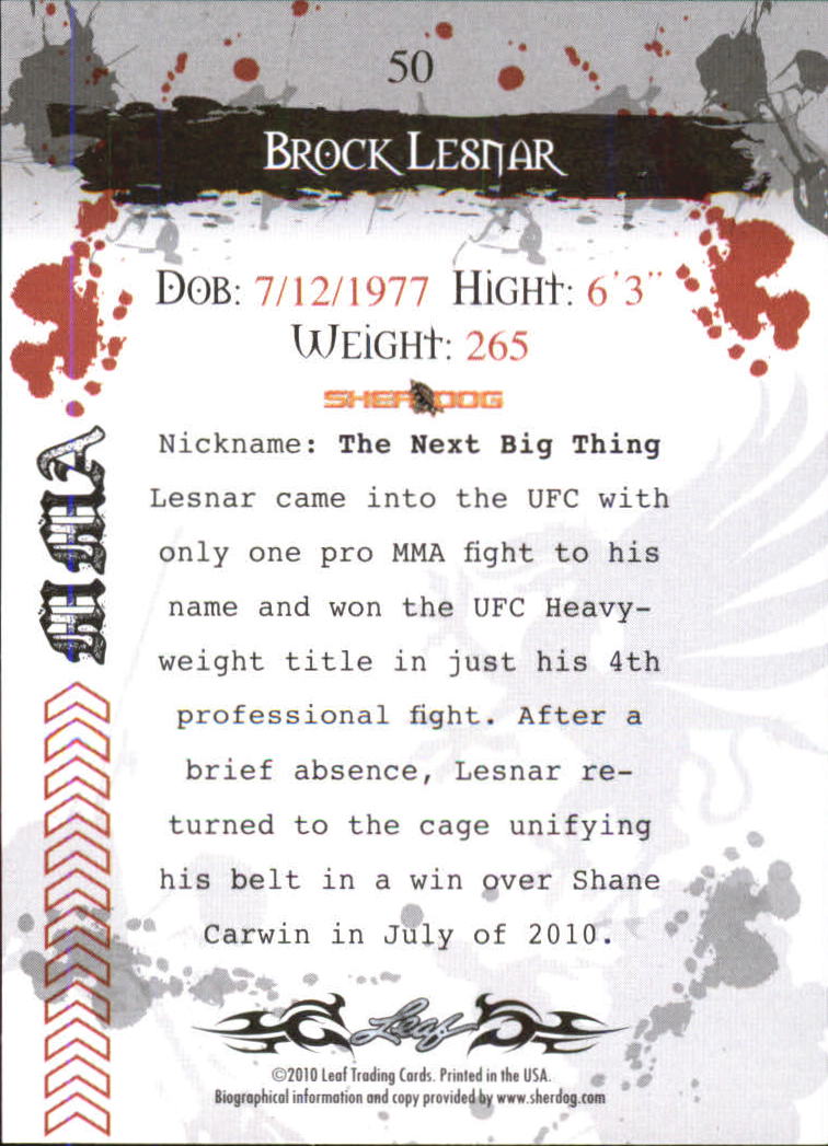 2010 Leaf MMA #50 Brock Lesnar back image