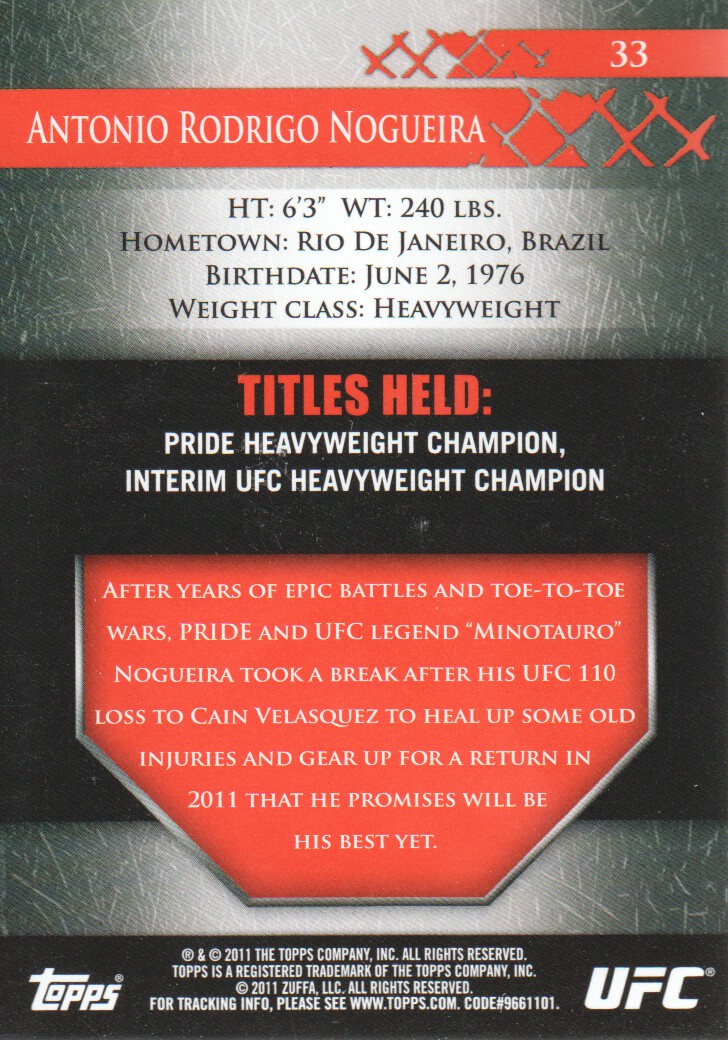 2011 Topps UFC Title Shot #33 Antonio Rodrigo Nogueira back image