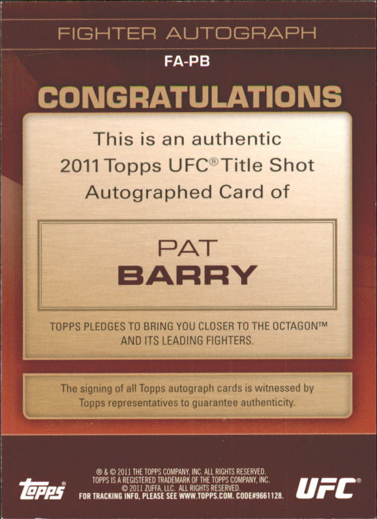 2011 Topps UFC Title Shot Autographs #FAPB Pat Barry back image