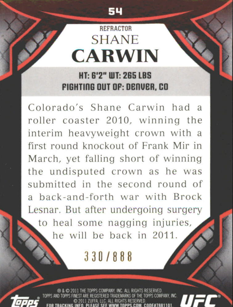 2011 Finest UFC Refractors #54 Shane Carwin back image