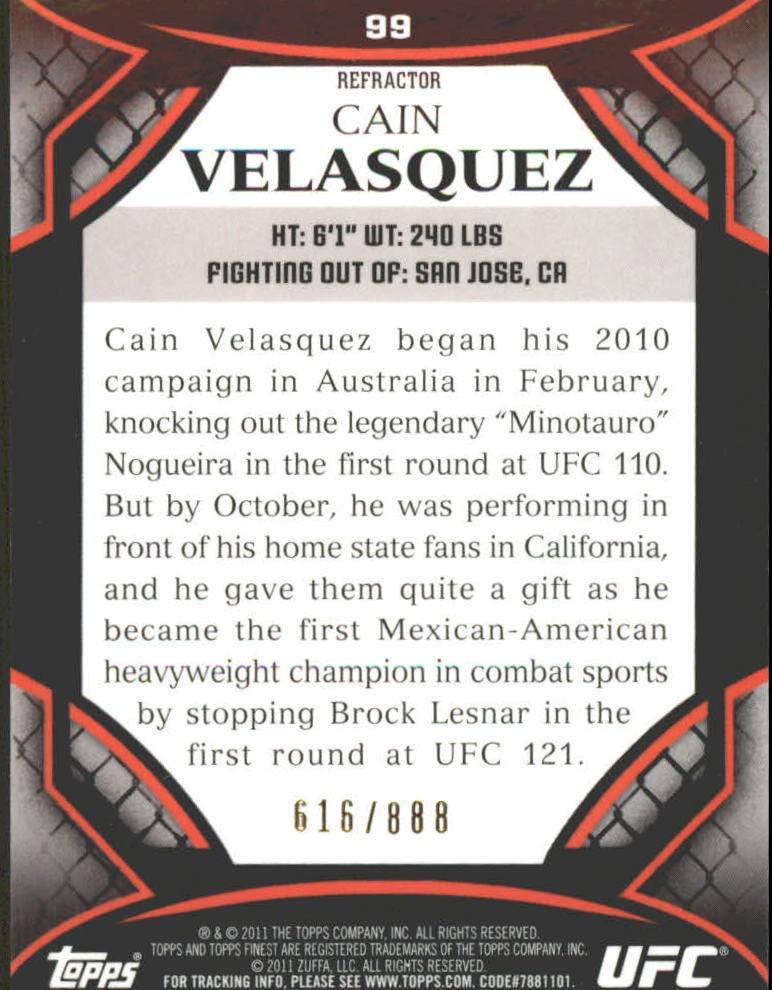 2011 Finest UFC Refractors #99 Cain Velasquez back image