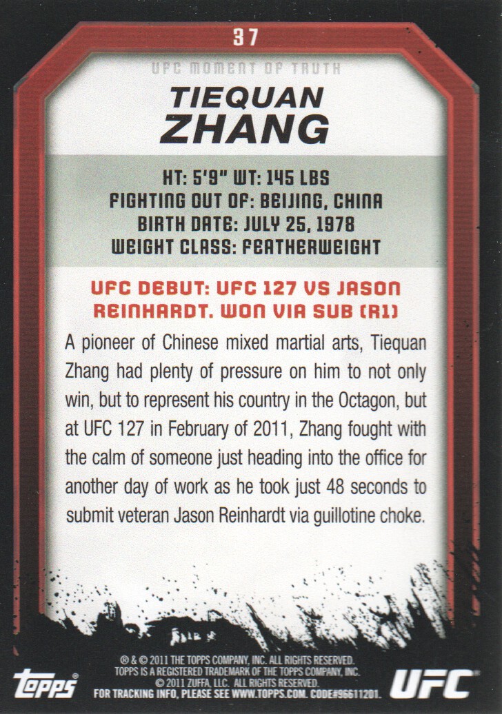 2011 Topps UFC Moment of Truth #37 Tiequan Zhang RC back image