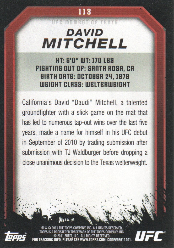2011 Topps UFC Moment of Truth #113 David Mitchell RC back image