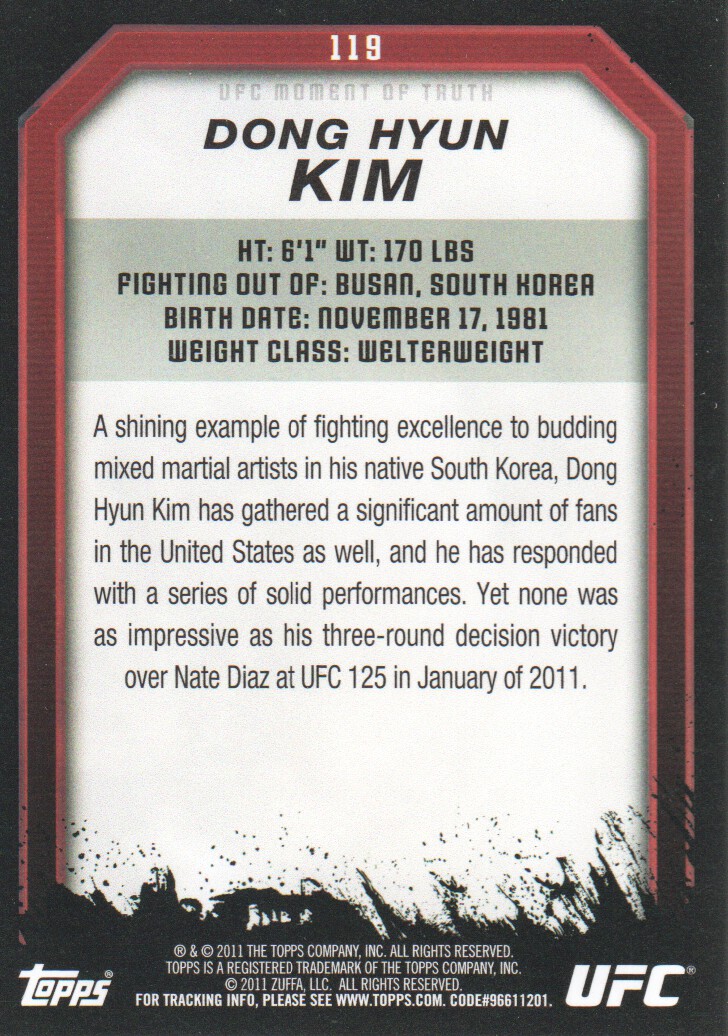 2011 Topps UFC Moment of Truth #119 Dong Hyun Kim back image