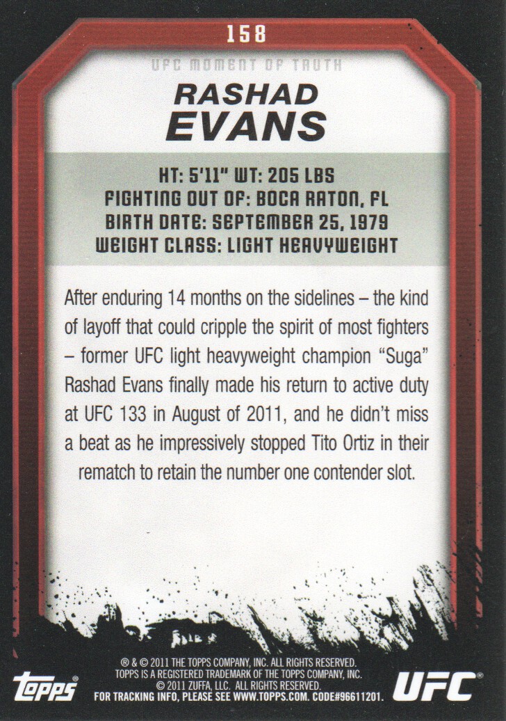 2011 Topps UFC Moment of Truth #158 Rashad Evans back image