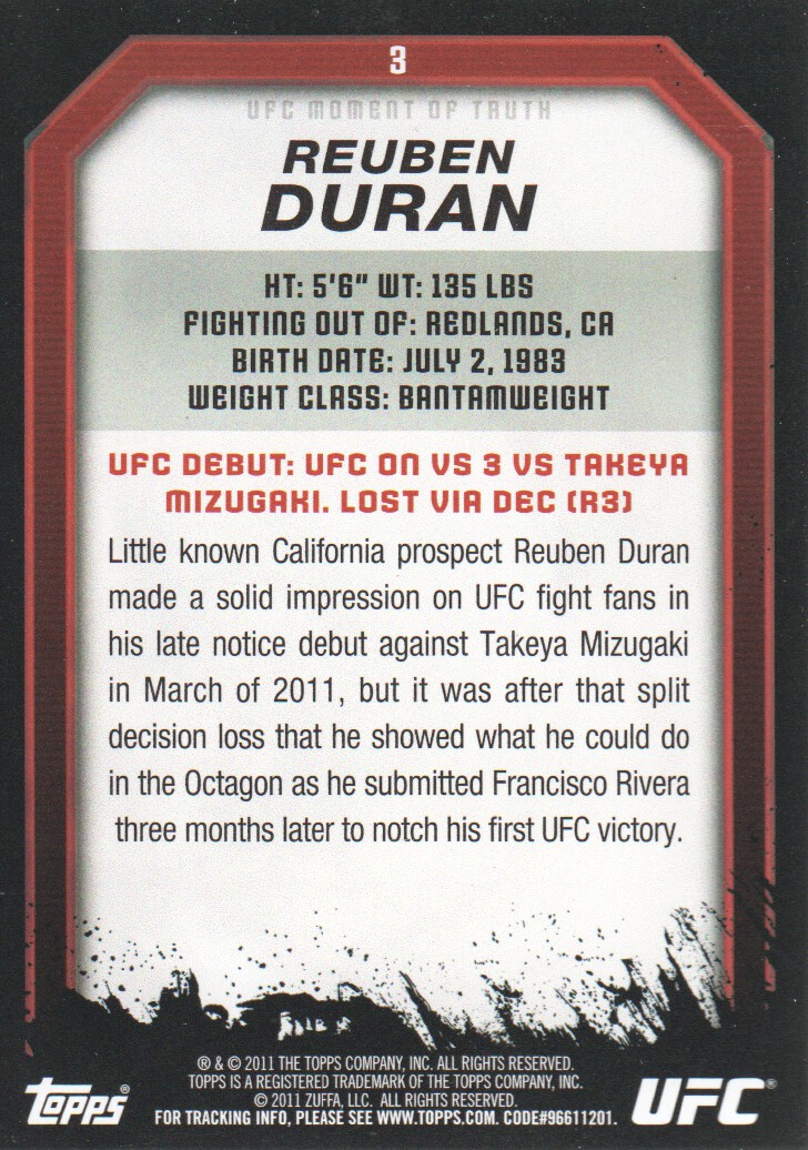 2011 Topps UFC Moment of Truth Gold #3 Reuben Duran back image