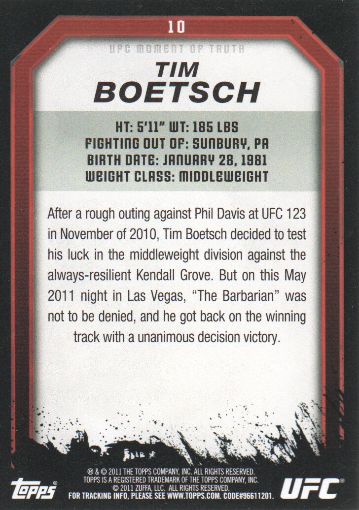 2011 Topps UFC Moment of Truth Gold #10 Tim Boetsch back image