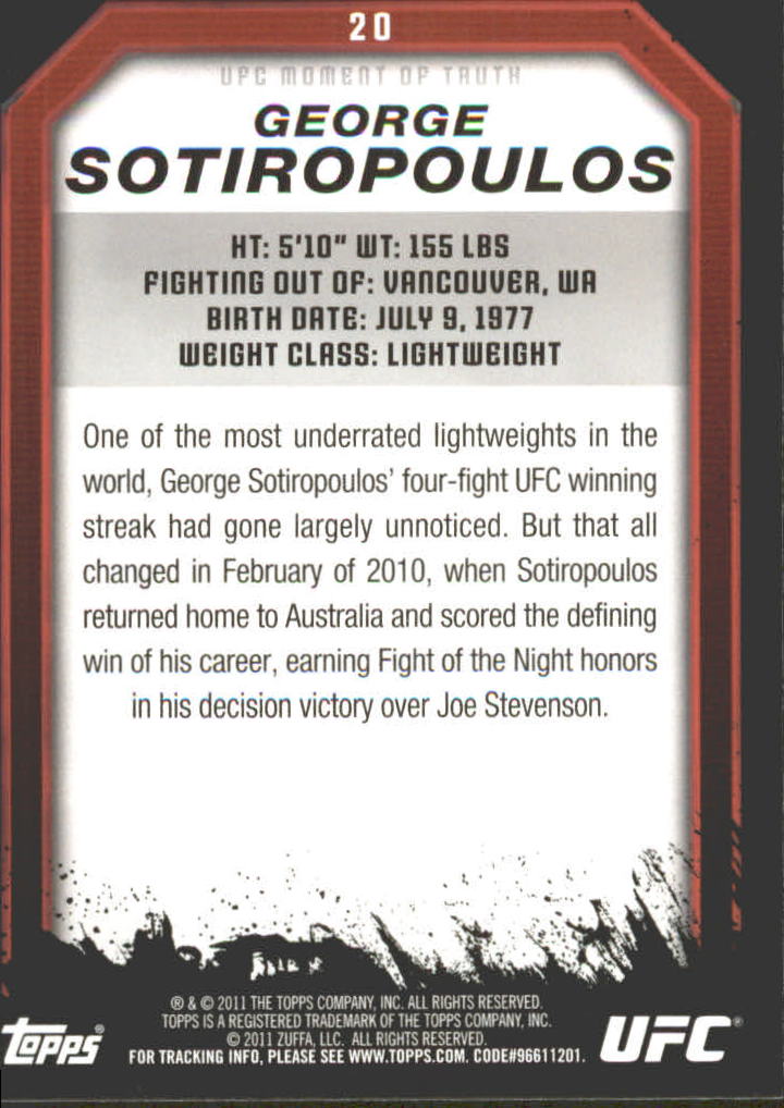2011 Topps UFC Moment of Truth Gold #20 George Sotiropoulos back image