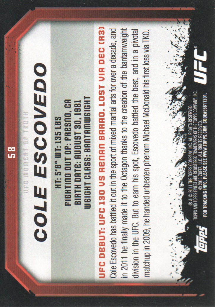 2011 Topps UFC Moment of Truth Gold #58 Cole Escovedo back image