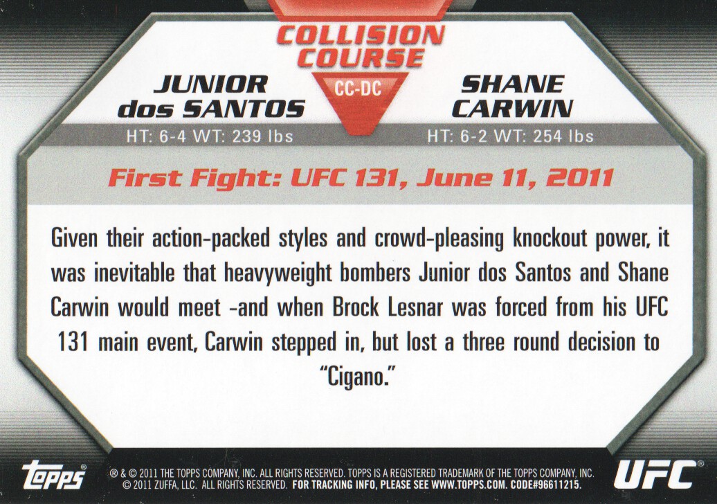 2011 Topps UFC Moment of Truth Collision Course #CCDC Junior dos Santos/Shane Carwin back image