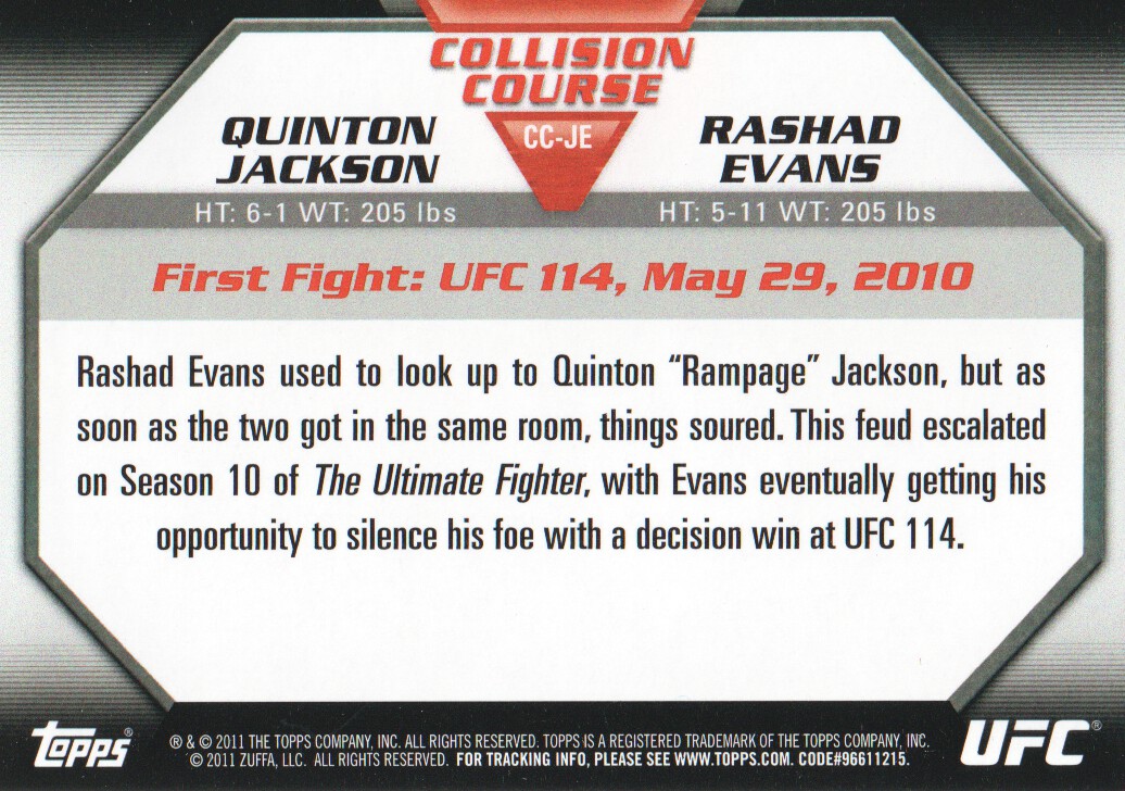 2011 Topps UFC Moment of Truth Collision Course #CCJE Quinton Jackson/Rashad Evans back image