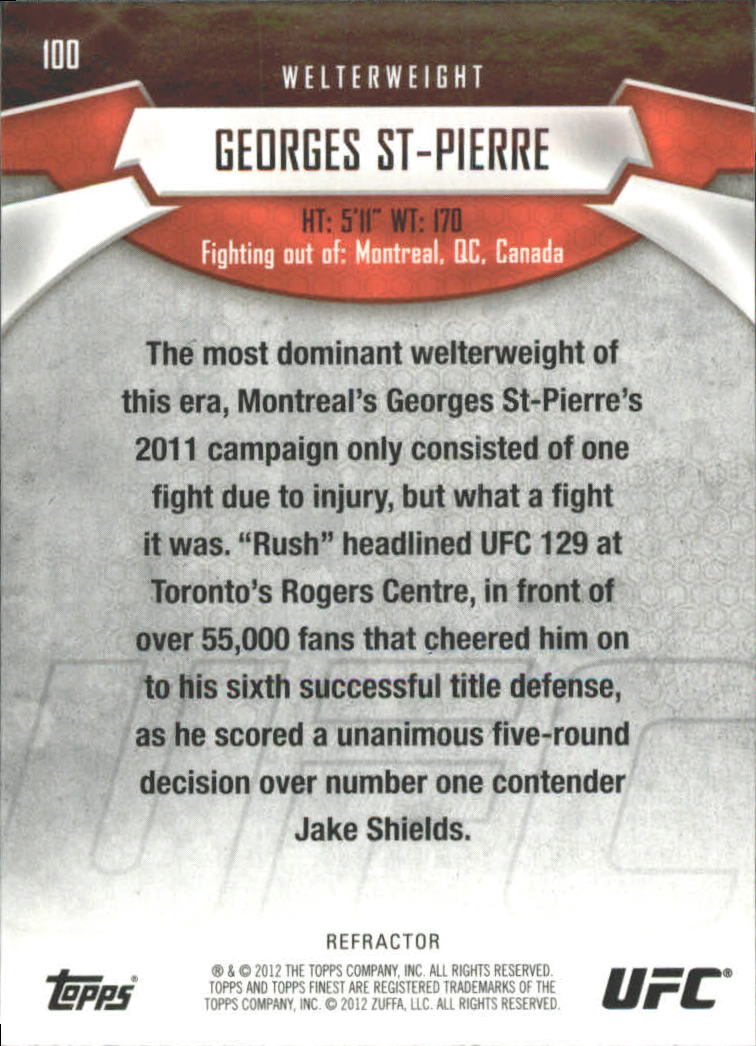 2012 Finest UFC Refractors #100 Georges St-Pierre back image