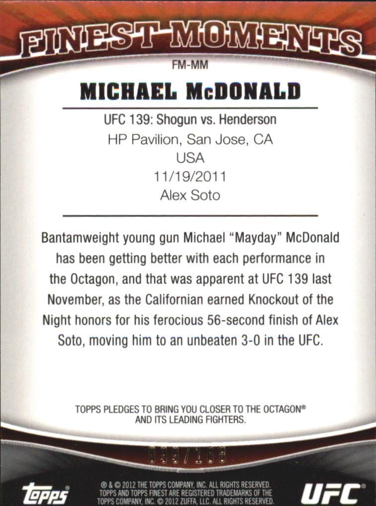 2012 Finest UFC Finest Moments X-Fractors #FMMM Michael McDonald back image