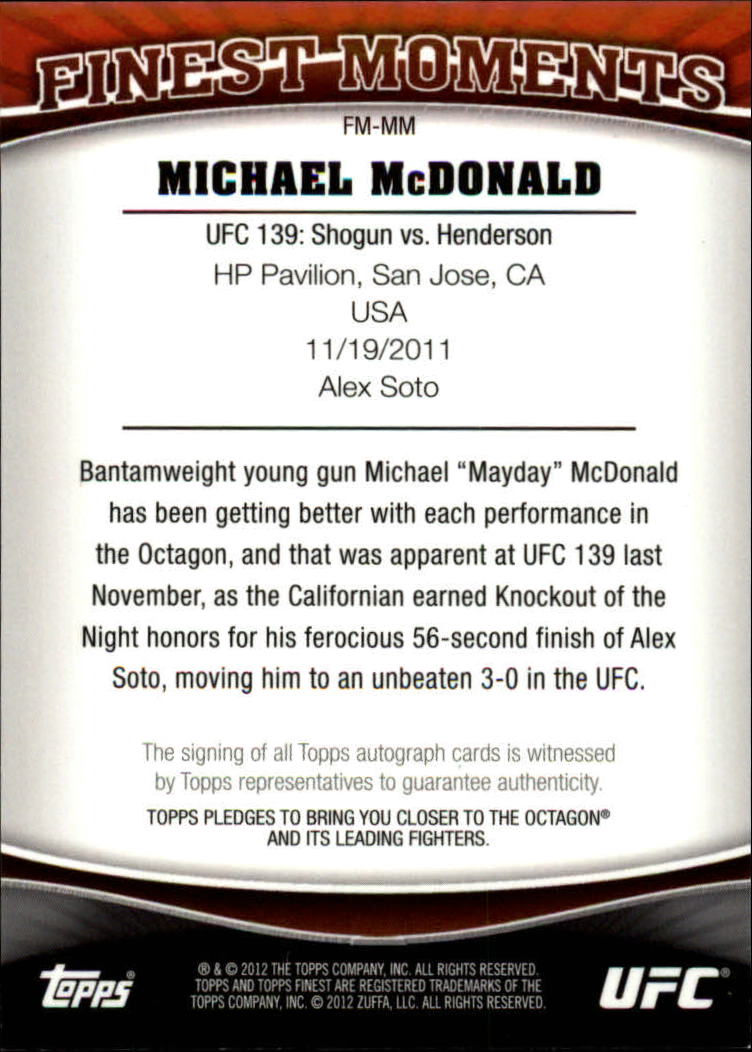2012 Finest UFC Finest Moments Autographs #FMMM Michael McDonald back image