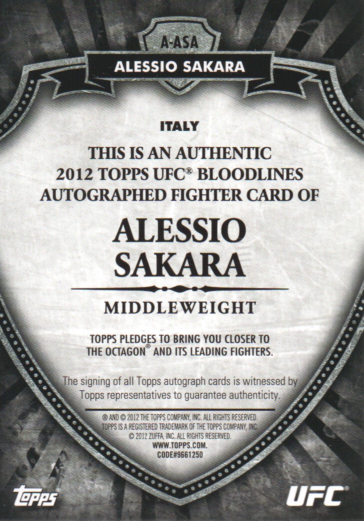 2012 Topps UFC Bloodlines Autographs #AASA Alessio Sakara/349 back image