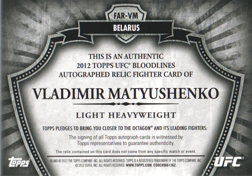 2012 Topps UFC Bloodlines Fighter Relics Autographs #FARVM Vladimir Matyushenko/284 back image