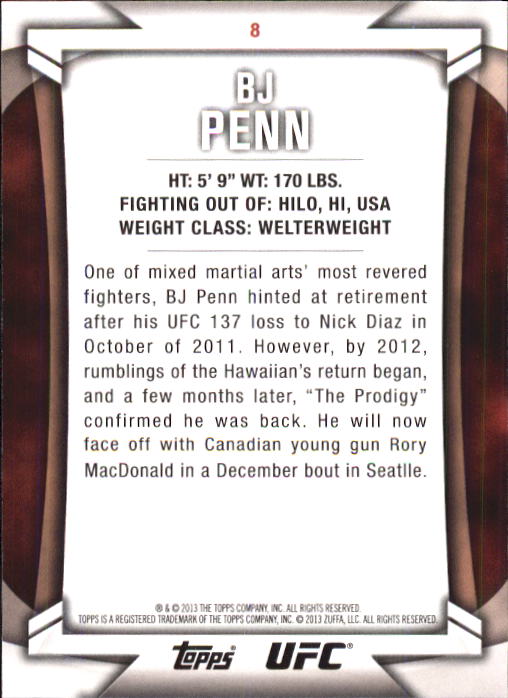 2013 Topps UFC Knockout #8 BJ Penn back image
