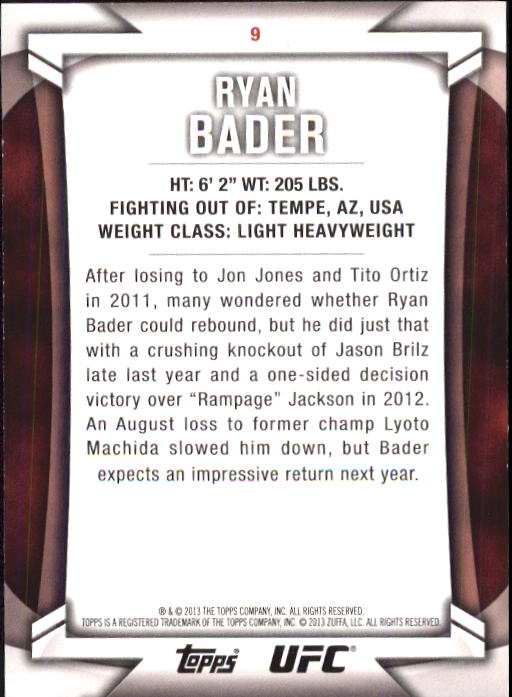 2013 Topps UFC Knockout #9 Ryan Bader back image